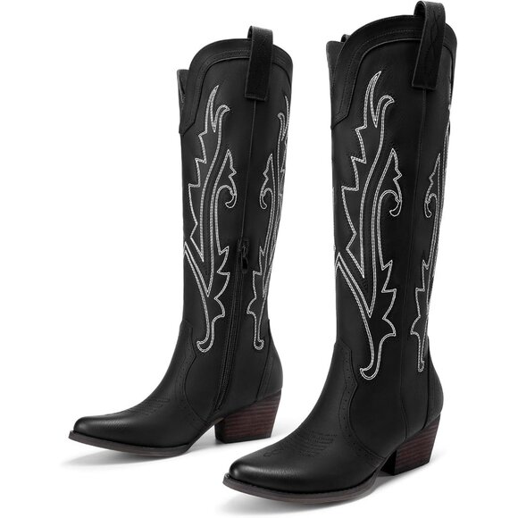 Womens Faux Leather Black Embroidered Side Zipper Chunky Heel Retro Tall Boot - Picture 9 of 9